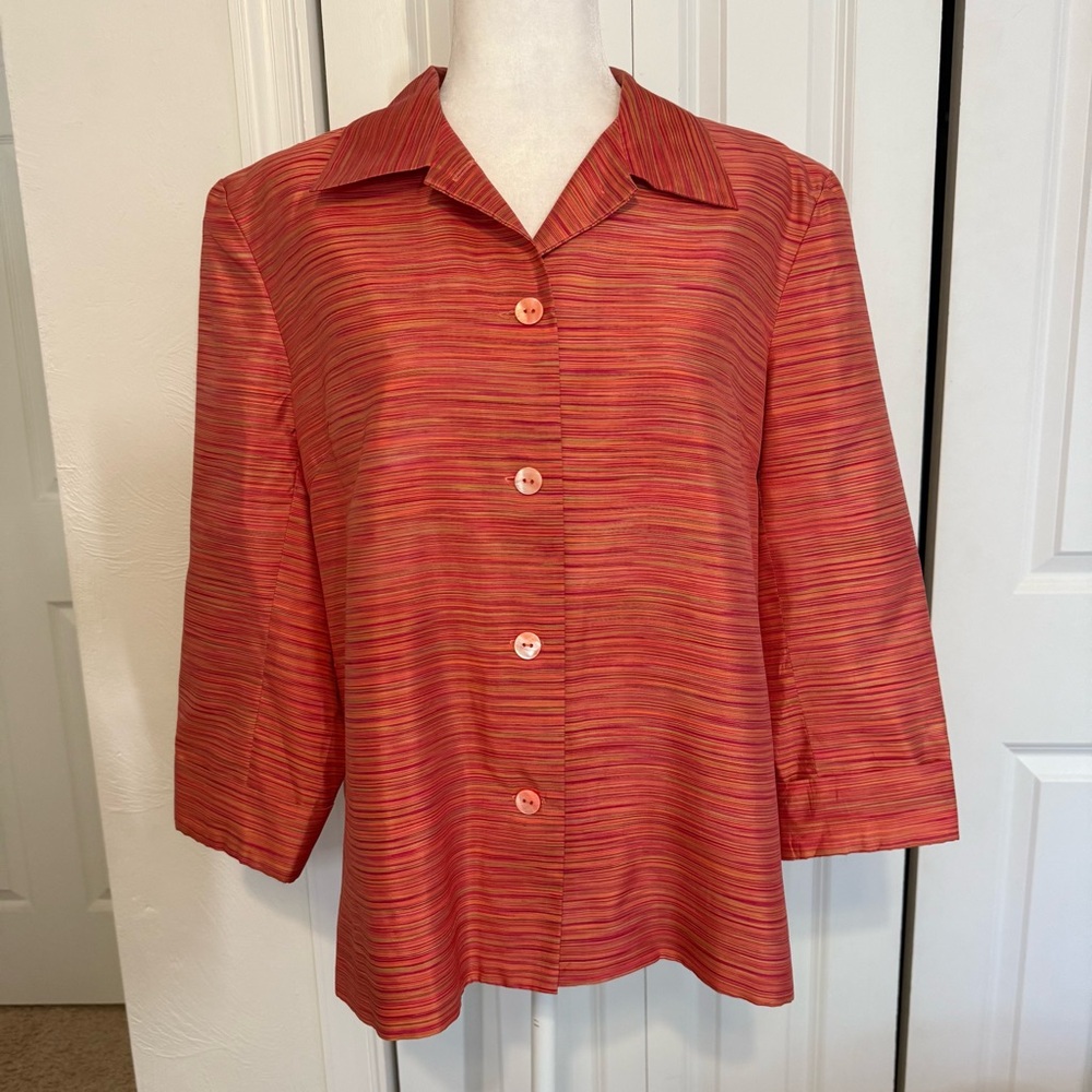 Silkland 100% Silk Ladies Large Jacket Red Pink Orange Striped Fully Lined Sz 14